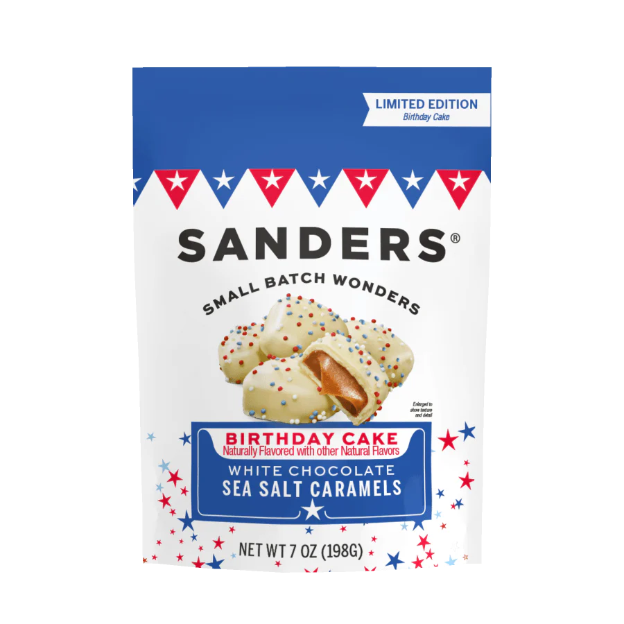 Red, White Chocolate, and Blue Birthday Cake Sea Salt Caramels